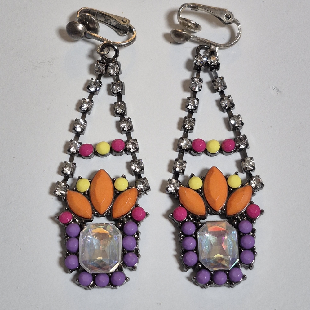 Vibrant Multicolor Rhinestone Boho Dangle Drop Clip-on Earrings
